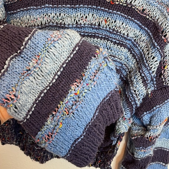Free People Navy and Light Blue Striped Chunky Knitted Crop Top Sweater - Picture 3 of 6
